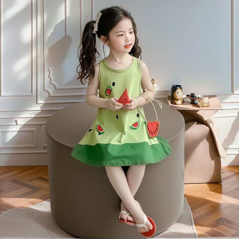 ‌"Kids Summer Watermelon Print Dress Set - Cute Playful Toddler Girls' Clothing"
